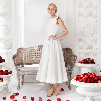 A-Line Midi Dress with Ruffled Shoulders
