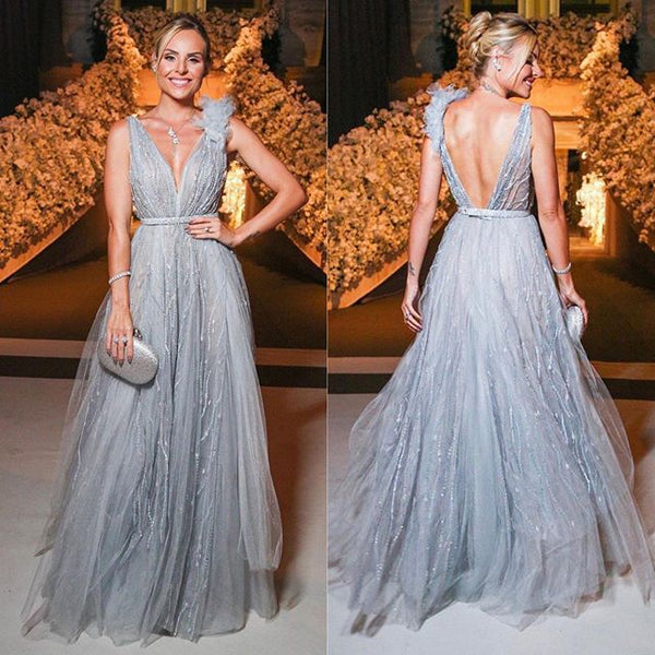 A-Line Glitter Tulle Gown with Deep V-Neck and Open Back