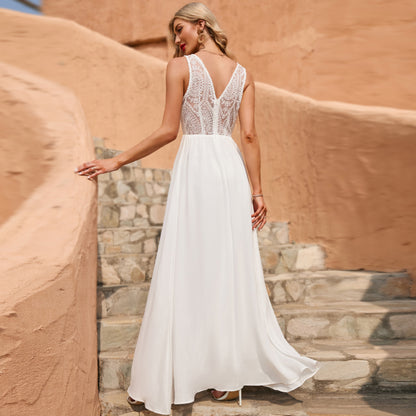 Flowy Maxi Dress with Deep V-Neck and Lace Bodice