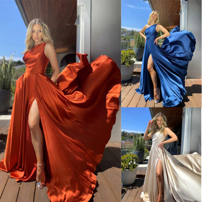 Solid Polyester Maxi Dress with High Slit and Flowy Skirt