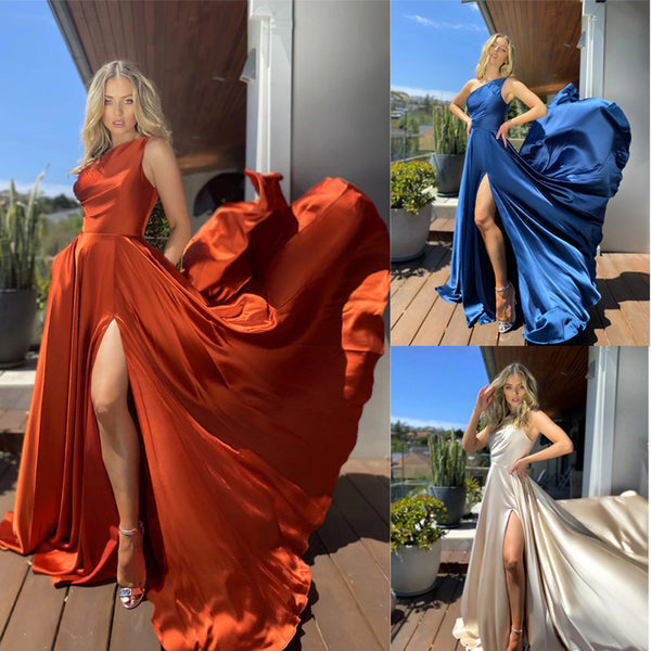 Solid Polyester Maxi Dress with High Slit and Flowy Skirt
