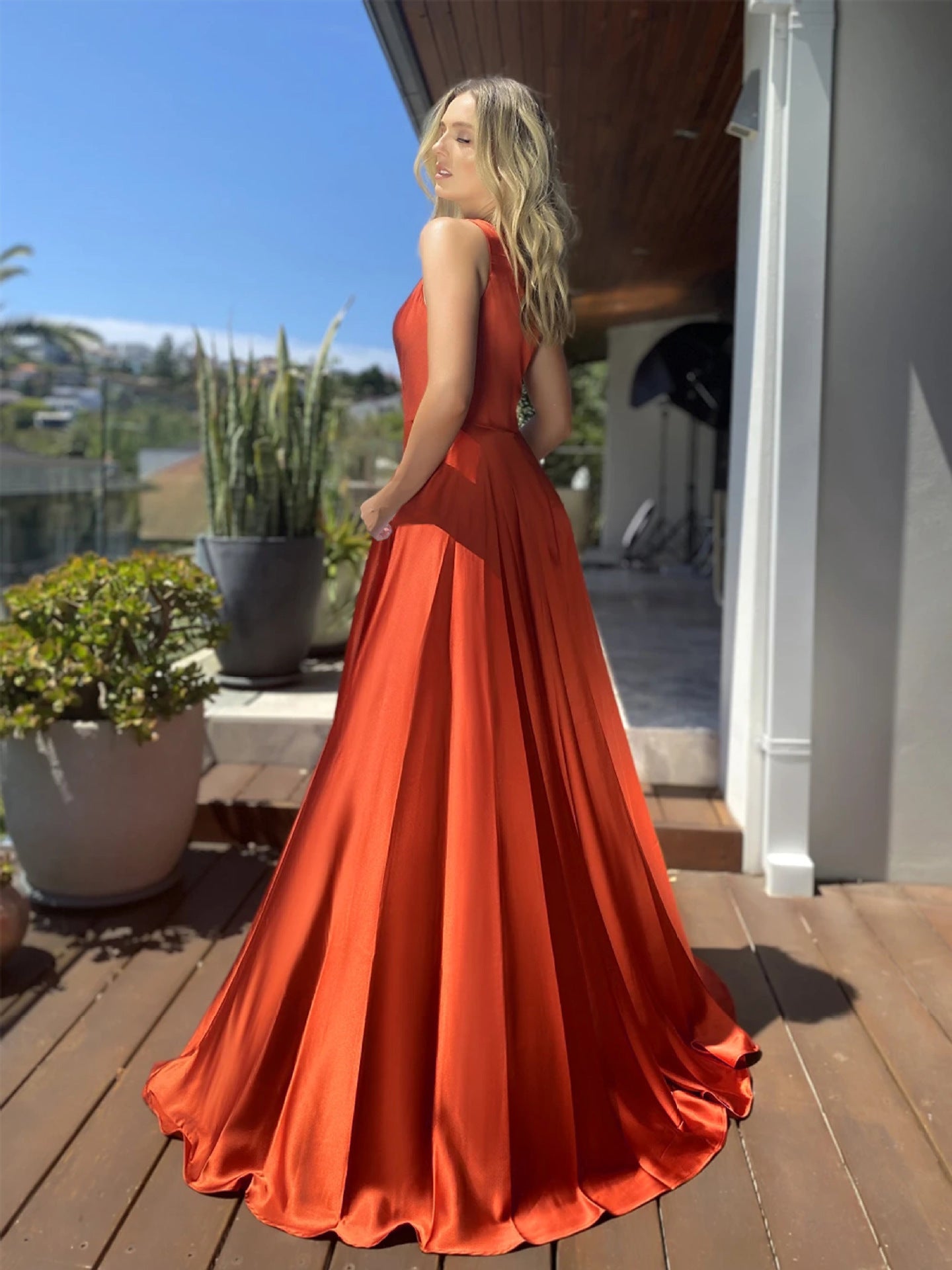 Solid Polyester Maxi Dress with High Slit and Flowy Skirt