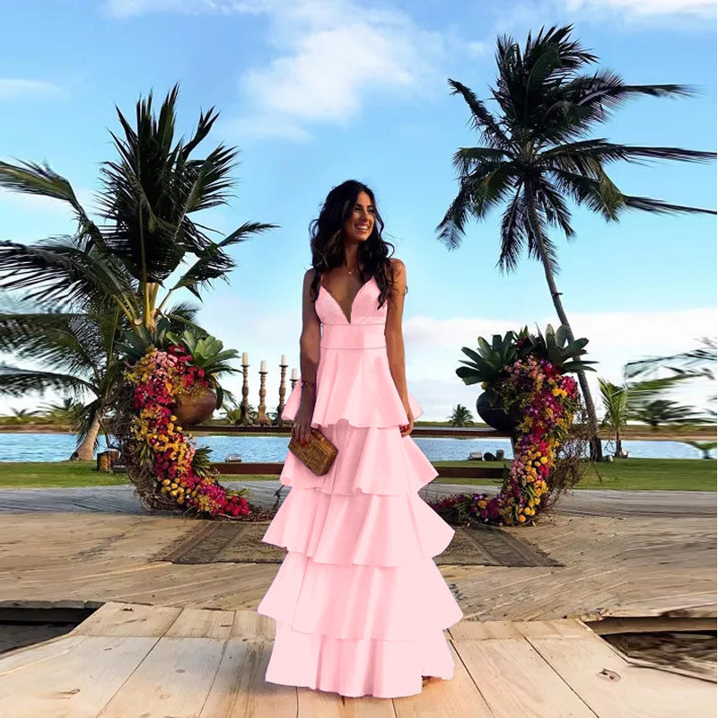 Solid Sling Maxi Dress with V-Neck and Tiered Skirt