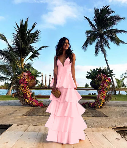 Solid Sling Maxi Dress with V-Neck and Tiered Skirt