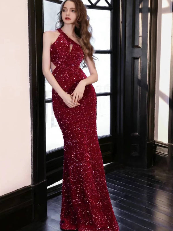 Sequined Sheath Gown with One-Shoulder and Cutouts