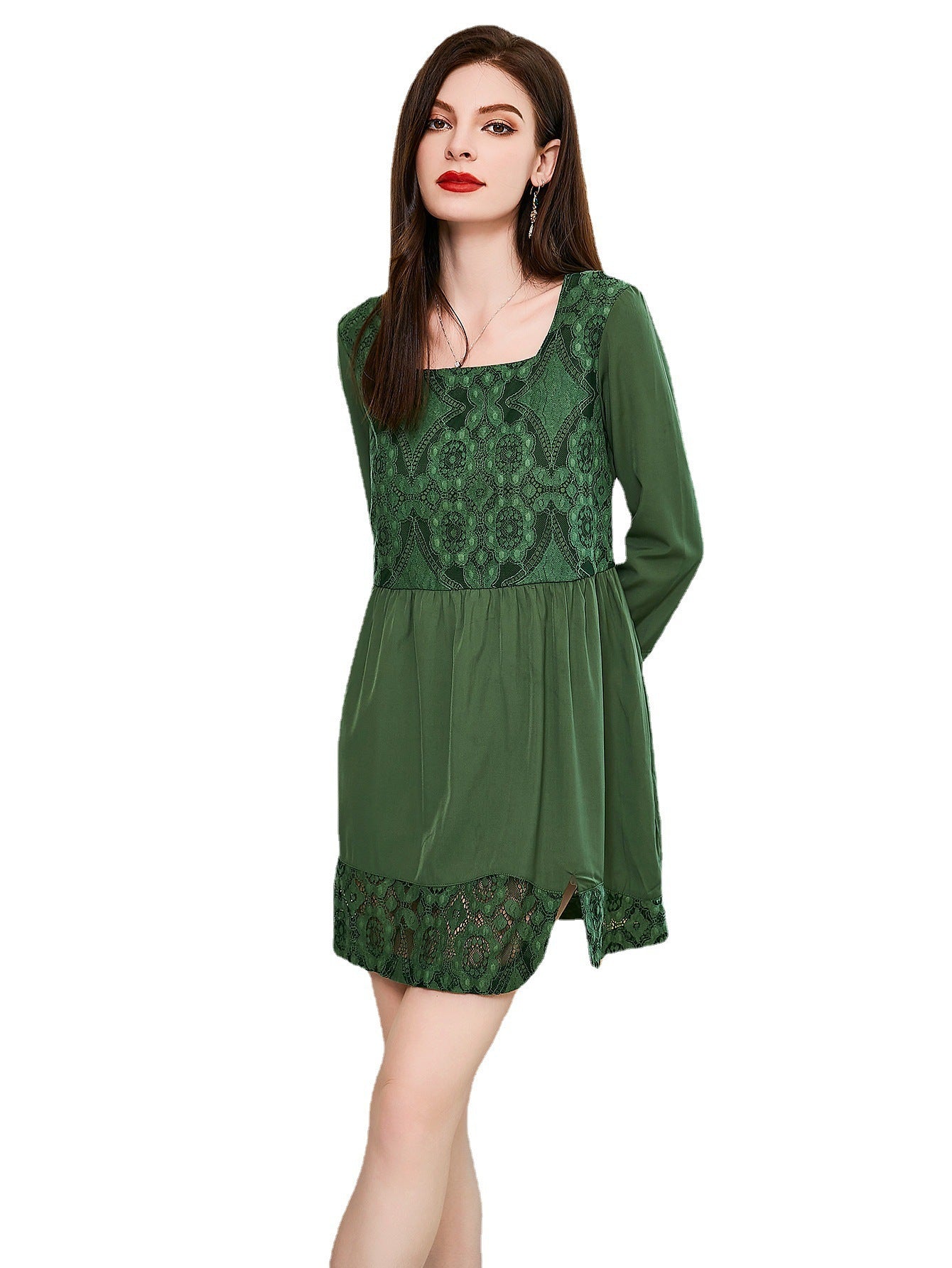 Geometric Lace Mini Dress with Square Neck