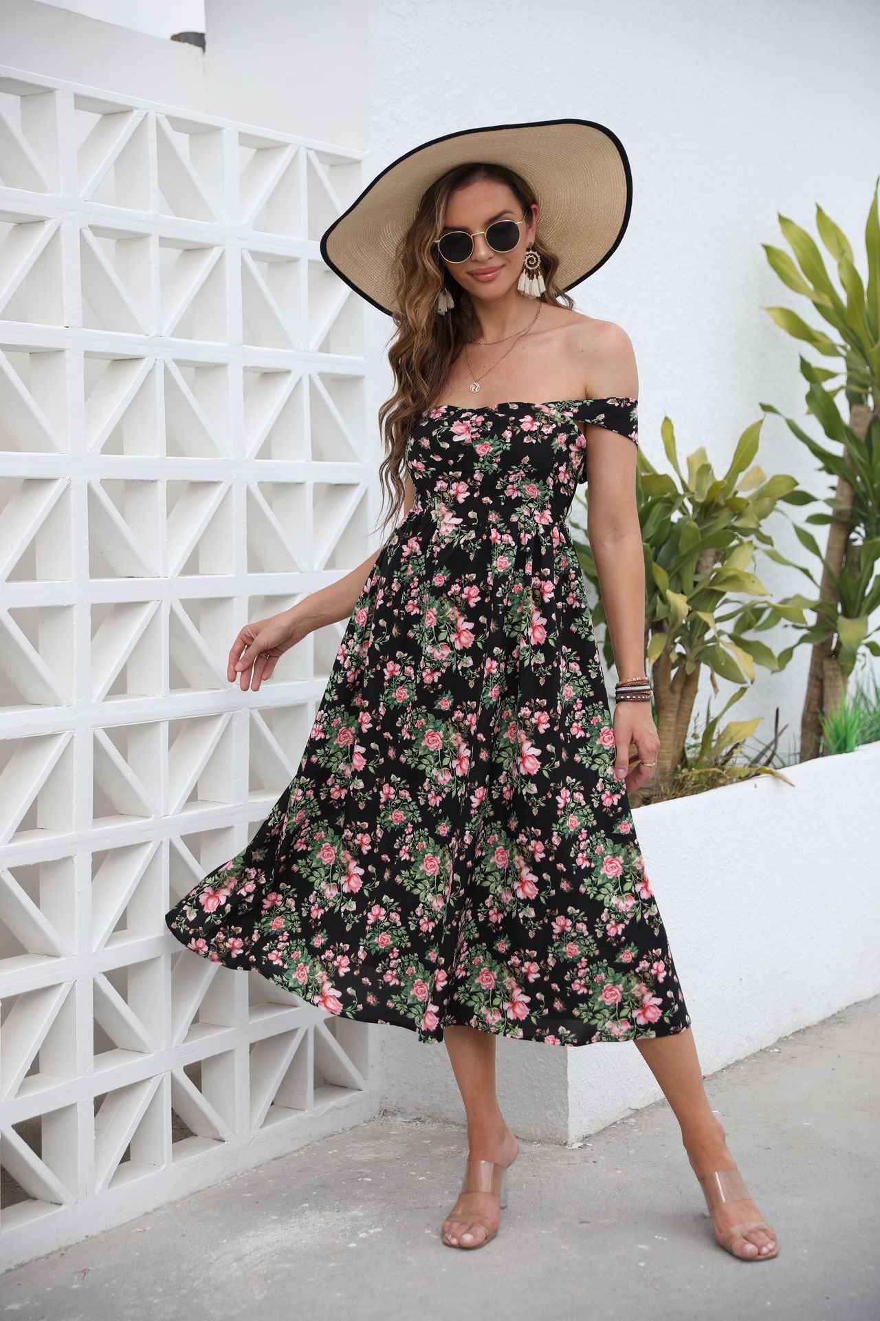 Floral Midi Dress with Off-Shoulder Neckline and Flared Skirt