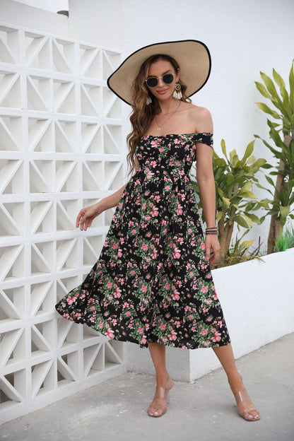 Floral Midi Dress with Off-Shoulder Neckline and Flared Skirt