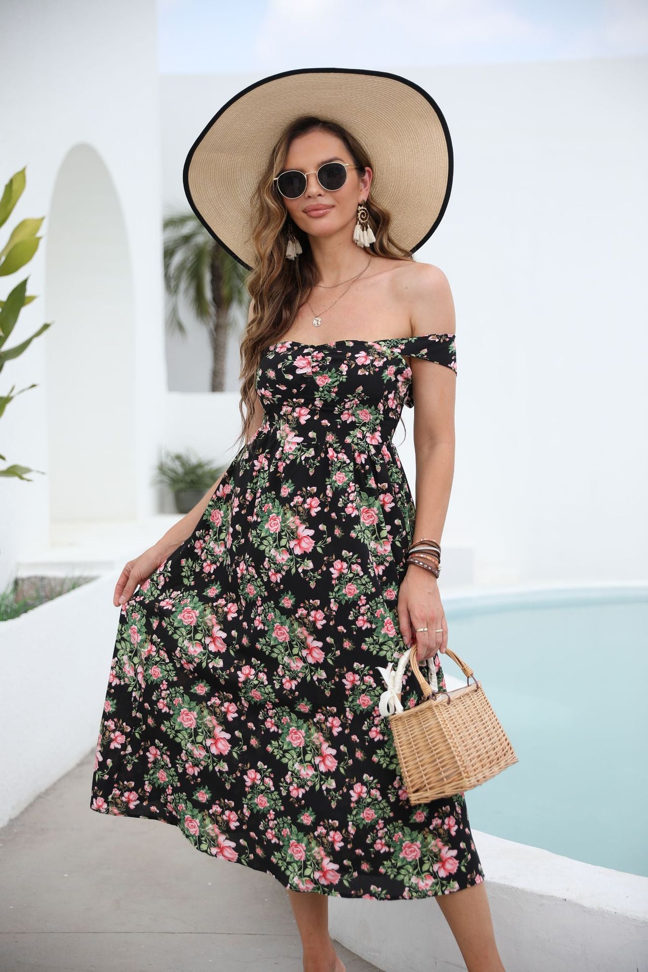 Floral Midi Dress with Off-Shoulder Neckline and Flared Skirt
