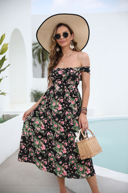 Floral Midi Dress with Off-Shoulder Neckline and Flared Skirt