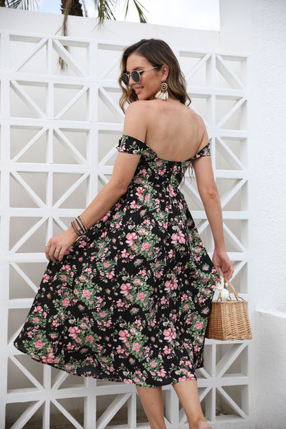 Floral Midi Dress with Off-Shoulder Neckline and Flared Skirt