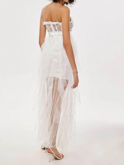 Lace Bustier Mini Dress with Sheer High-Low Tulle Overlay