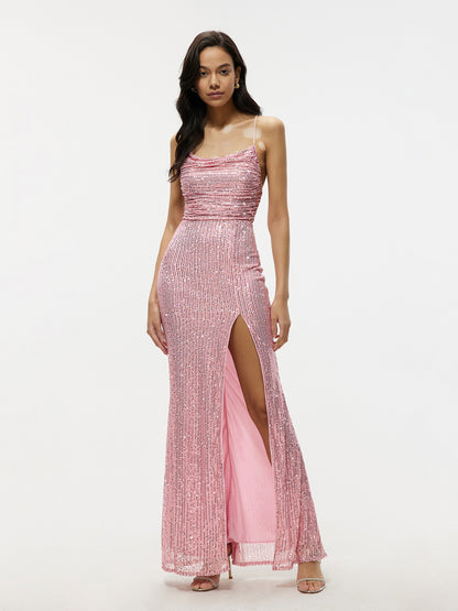 Sequined Sheath Gown with Cowl Neck and High Slit