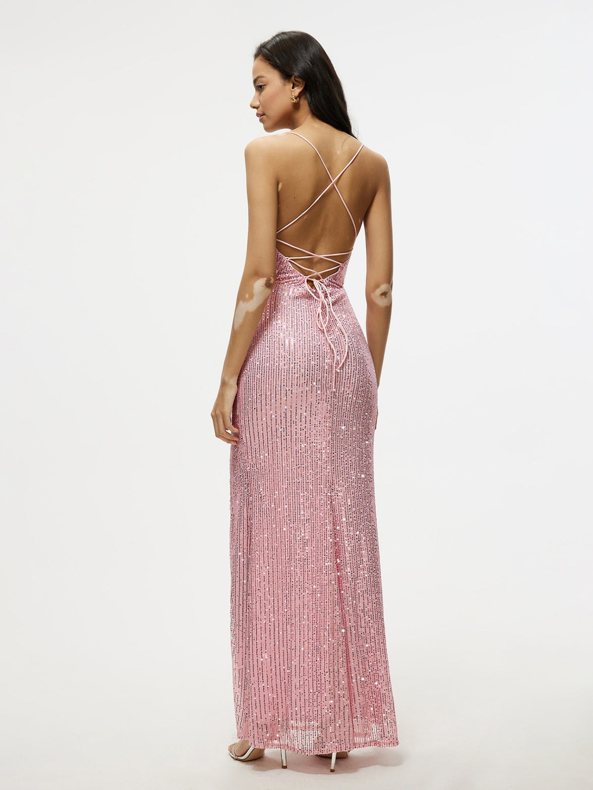 Sequined Sheath Gown with Cowl Neck and High Slit