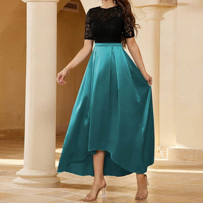 A-Line Dress with Lace Short Sleeves and Pleated Satin High-Low Skirt