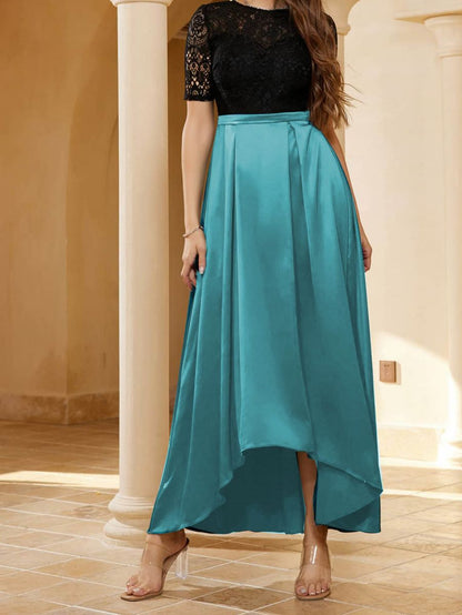A-Line Dress with Lace Short Sleeves and Pleated Satin High-Low Skirt