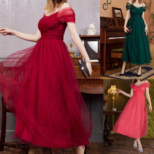 A-Line Midi Dress with V-Neck and Mesh Off-Shoulder Sleeves