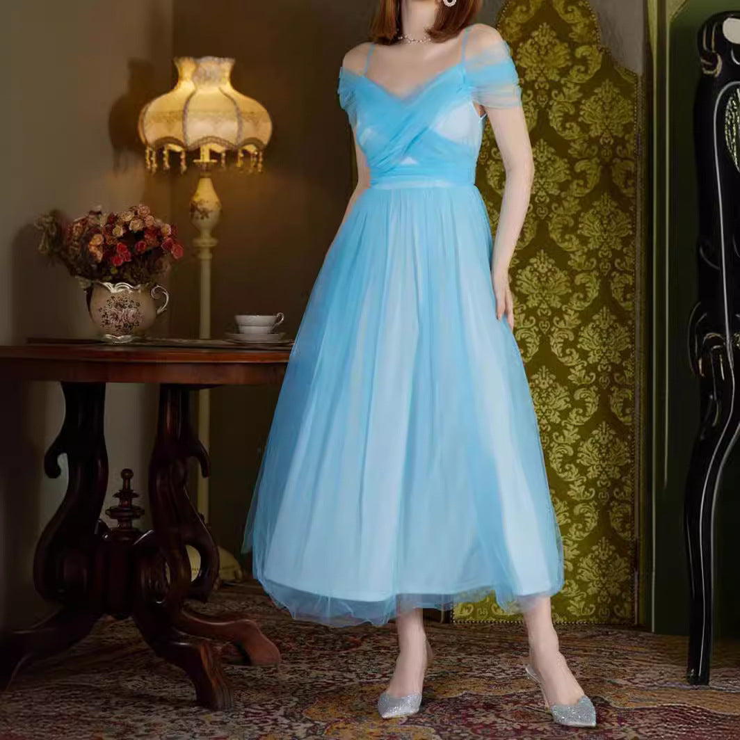 A-Line Midi Dress with V-Neck and Mesh Off-Shoulder Sleeves