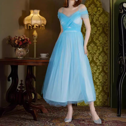 A-Line Midi Dress with V-Neck and Mesh Off-Shoulder Sleeves