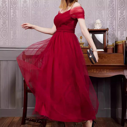 A-Line Midi Dress with V-Neck and Mesh Off-Shoulder Sleeves