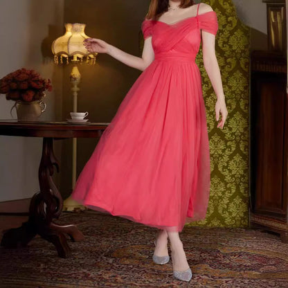 A-Line Midi Dress with V-Neck and Mesh Off-Shoulder Sleeves