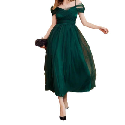 A-Line Midi Dress with V-Neck and Mesh Off-Shoulder Sleeves