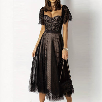 Fit-and-Flare Midi Dress with Lace Sweetheart Top and Dotted Mesh Skirt