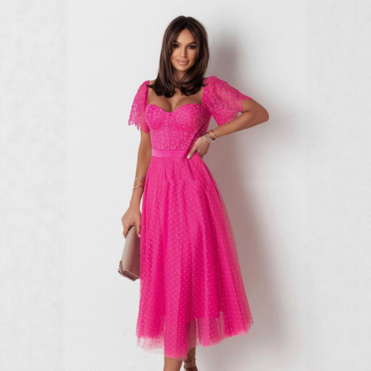 Fit-and-Flare Midi Dress with Lace Sweetheart Top and Dotted Mesh Skirt