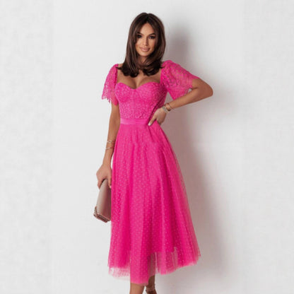 Fit-and-Flare Midi Dress with Lace Sweetheart Top and Dotted Mesh Skirt