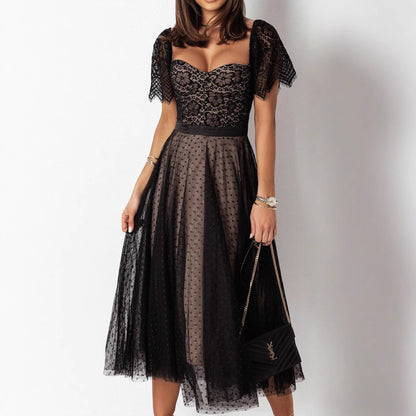 Fit-and-Flare Midi Dress with Lace Sweetheart Top and Dotted Mesh Skirt