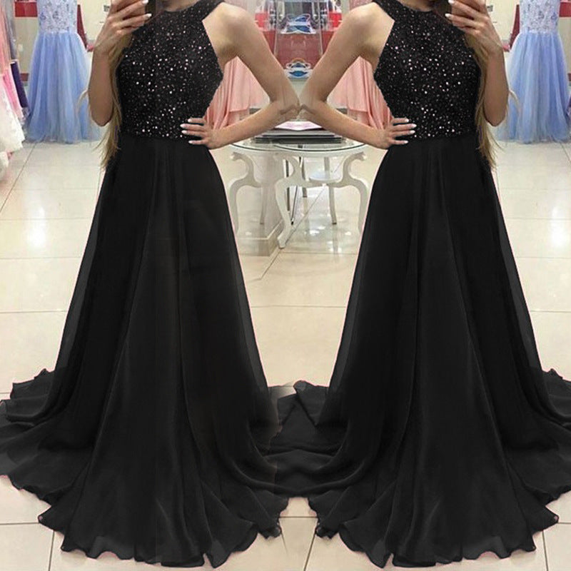 Sleeveless A-Line Gown with Sequined High-Neck Bodice