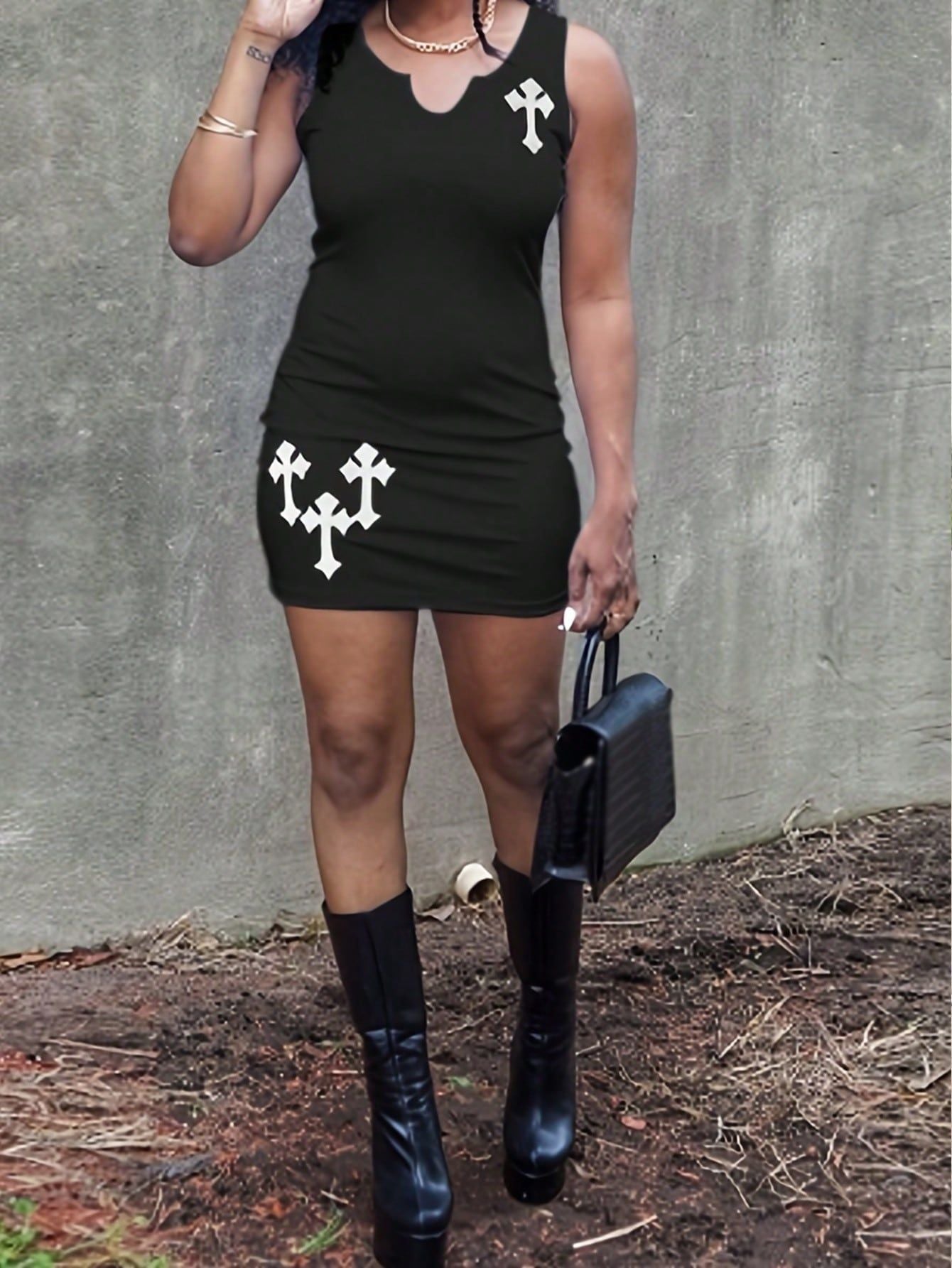 Ribbed Bodycon Mini Dress with V-Neck and Cross Print
