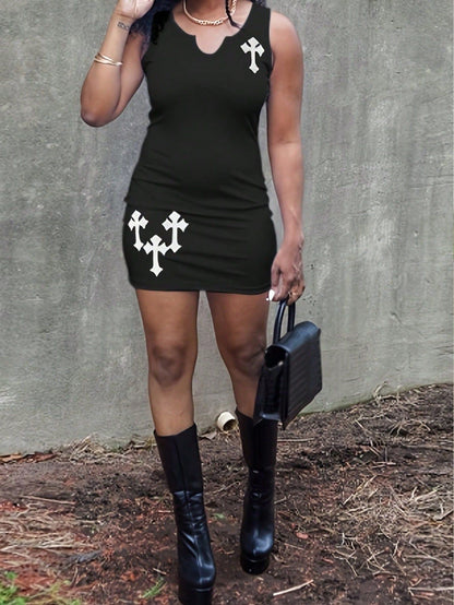 Ribbed Bodycon Mini Dress with V-Neck and Cross Print