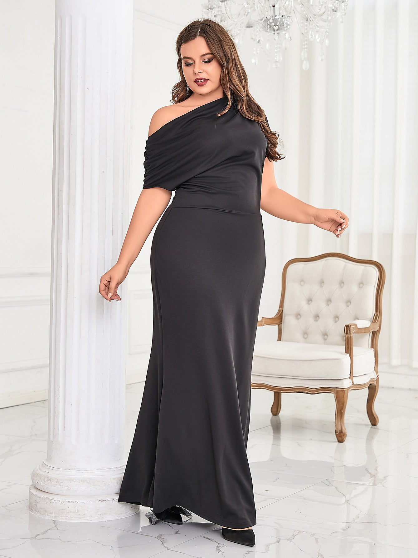 Sheath Maxi Dress with Asymmetric Draped Shoulder