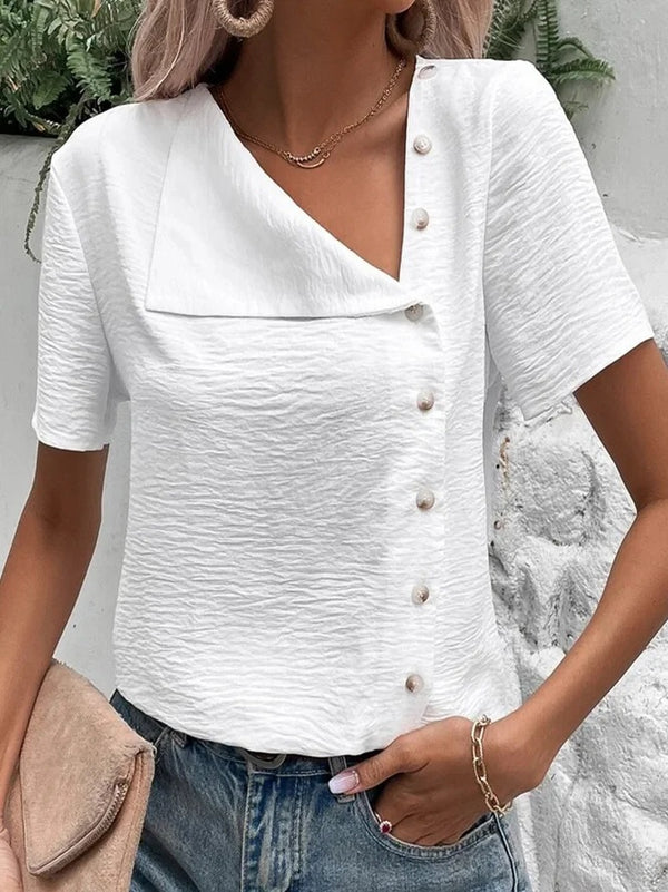 Crinkled Short Sleeve Top with Asymmetrical Button Front
