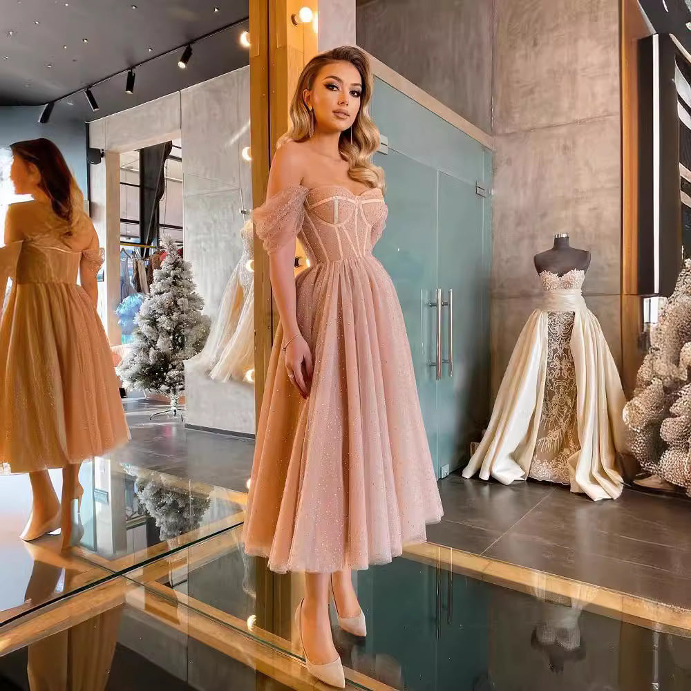 A-Line Midi Dress with Corset Bodice and Glitter Tulle