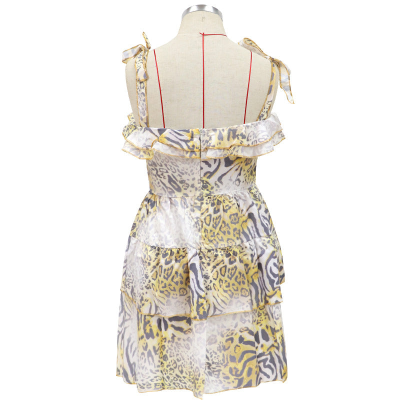 Abstract Print Mini Dress with Off-Shoulder and Tiered Skirt