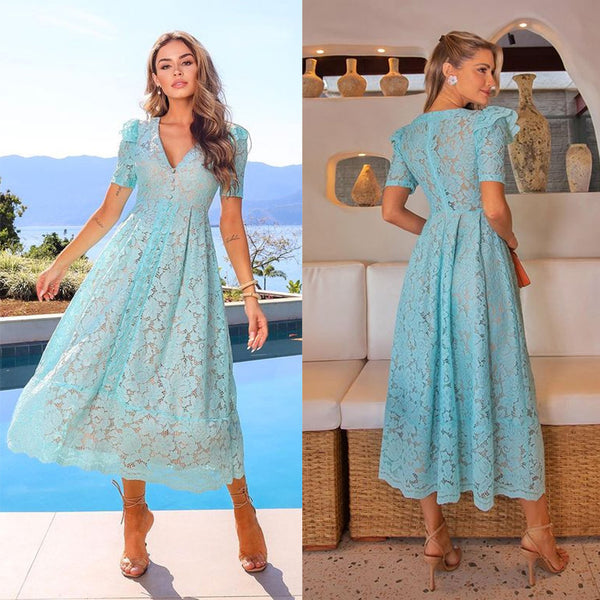 A-Line Floral Lace Midi Dress with V-Neck