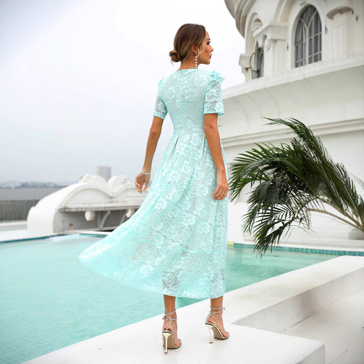 A-Line Floral Lace Midi Dress with V-Neck
