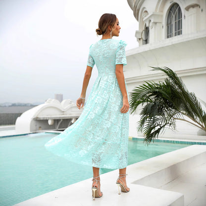 A-Line Floral Lace Midi Dress with V-Neck
