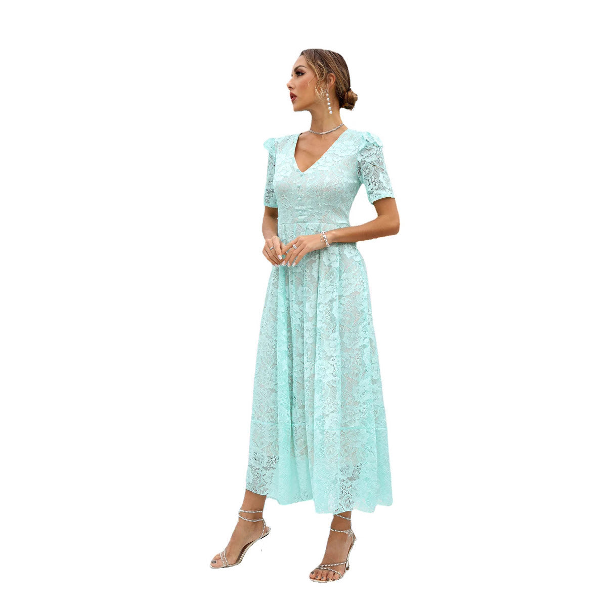 A-Line Floral Lace Midi Dress with V-Neck