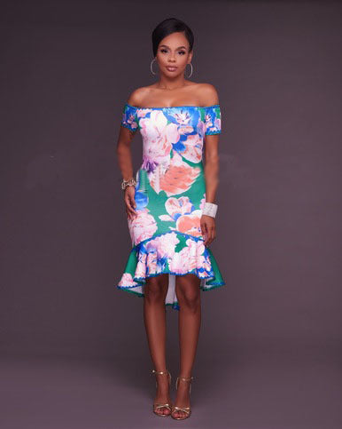 Floral Print Midi Dress with Off-Shoulder and High-Low Ruffle Hem