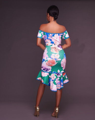 Floral Print Midi Dress with Off-Shoulder and High-Low Ruffle Hem