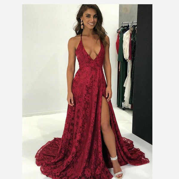 Halter Deep V-Neck Lace Maxi Dress with High Slit