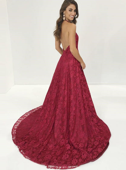 Halter Deep V-Neck Lace Maxi Dress with High Slit