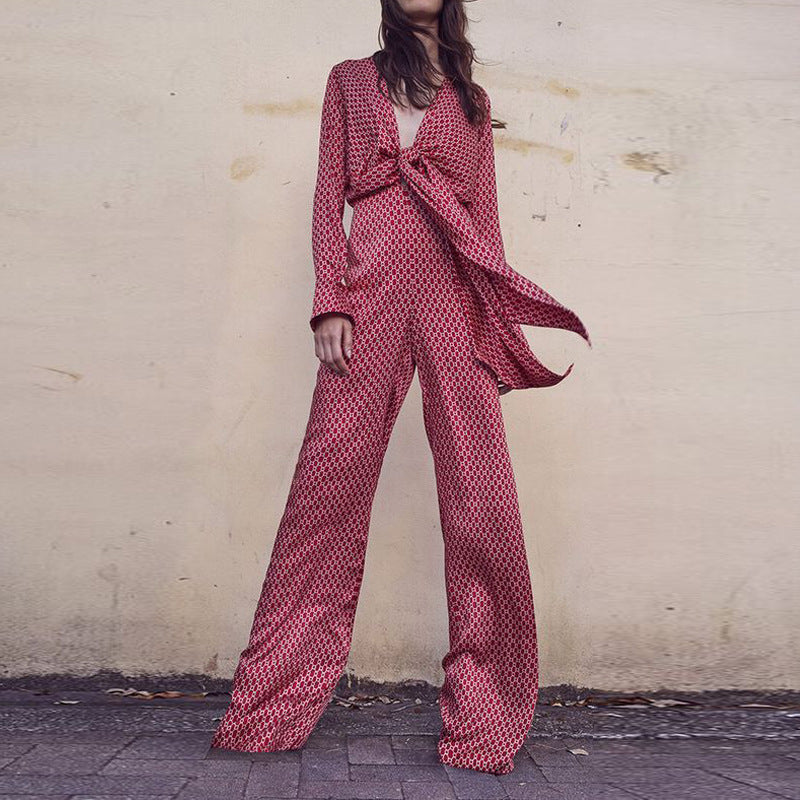 Geometric Wide-Leg Jumpsuit with Tie-Front Top