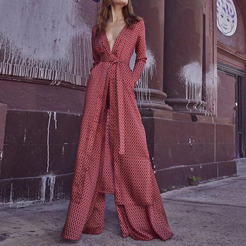 Geometric Wide-Leg Jumpsuit with Tie-Front Top