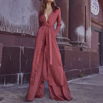Geometric Wide-Leg Jumpsuit with Tie-Front Top