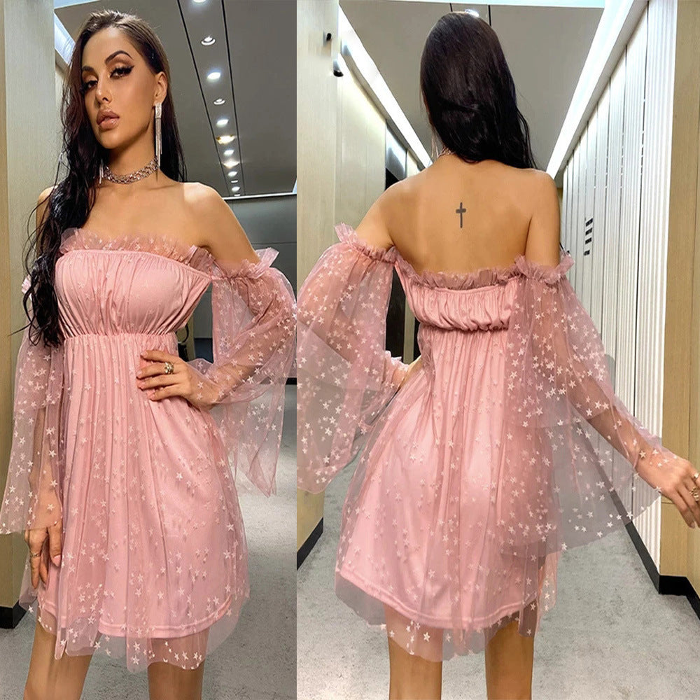 Off-Shoulder Ruffled Mini Dress with Star Mesh Sleeves