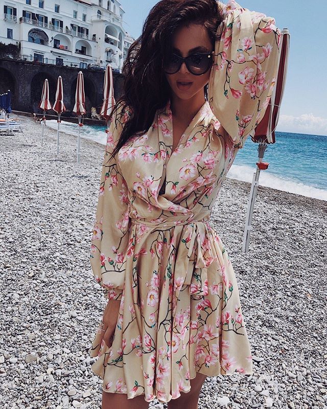 Floral Print Wrap Mini Dress with Balloon Sleeves